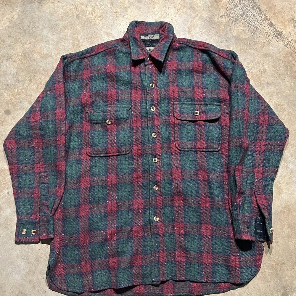 Vintage 80s Robert Stock Green/Red Wool Button Up Shirt